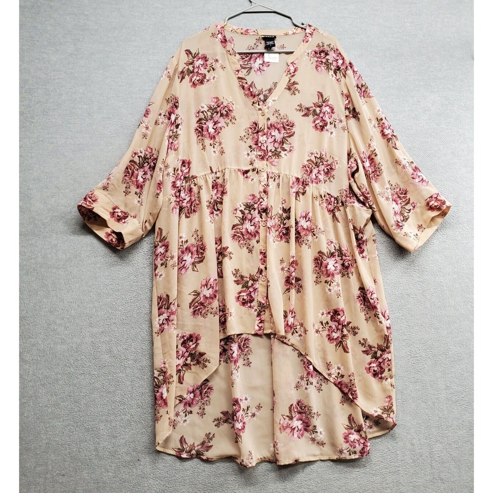 Torrid Women‎ Dress 3X Beige Floral Sheer Hi Low Hem 3/4 Sleeve Button